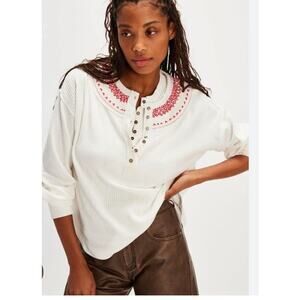 We The Free Holly Henley White Thermal Long Sleeve Top Size Small